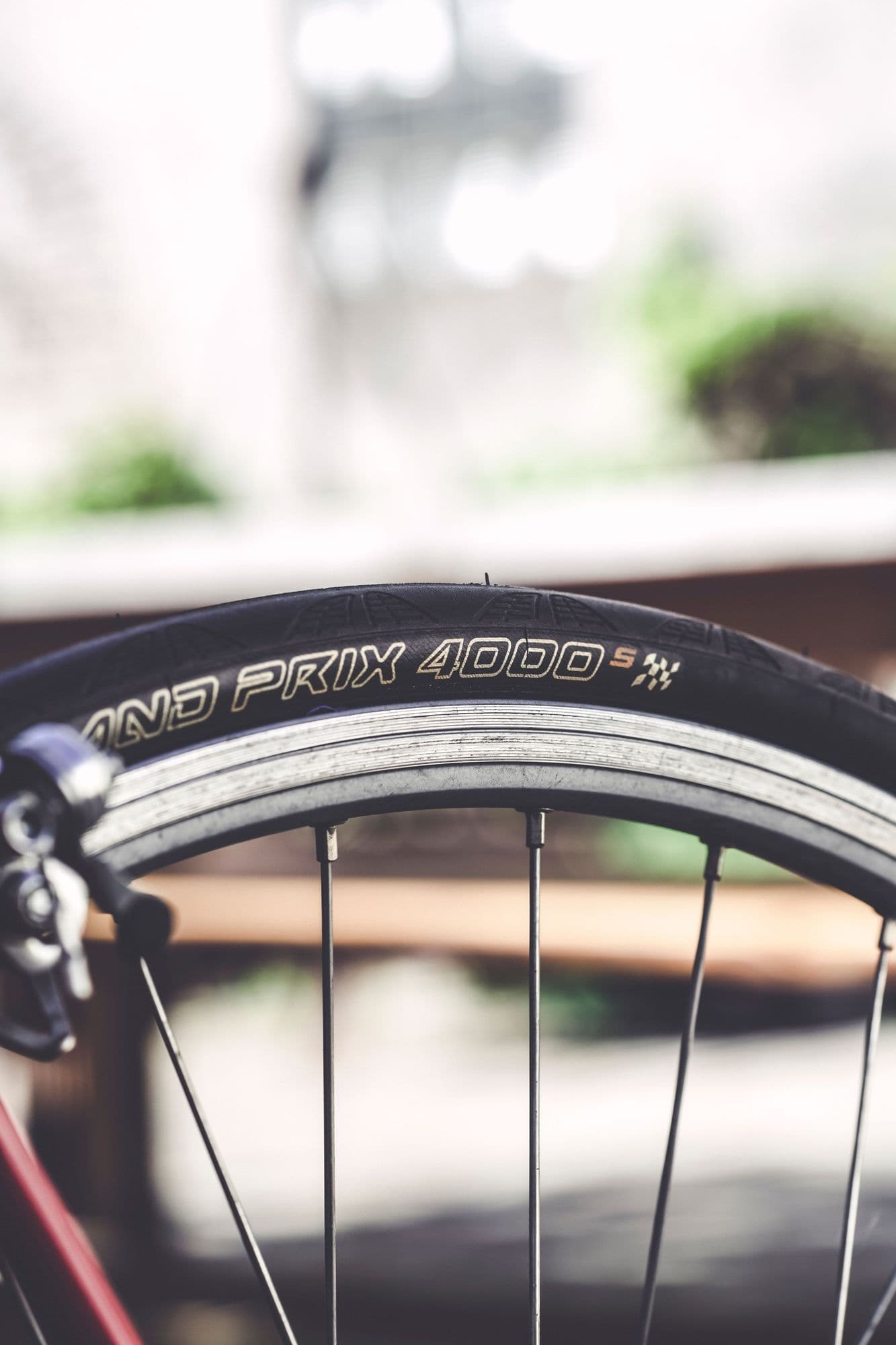 Close-up of a bicycle wheel and tire